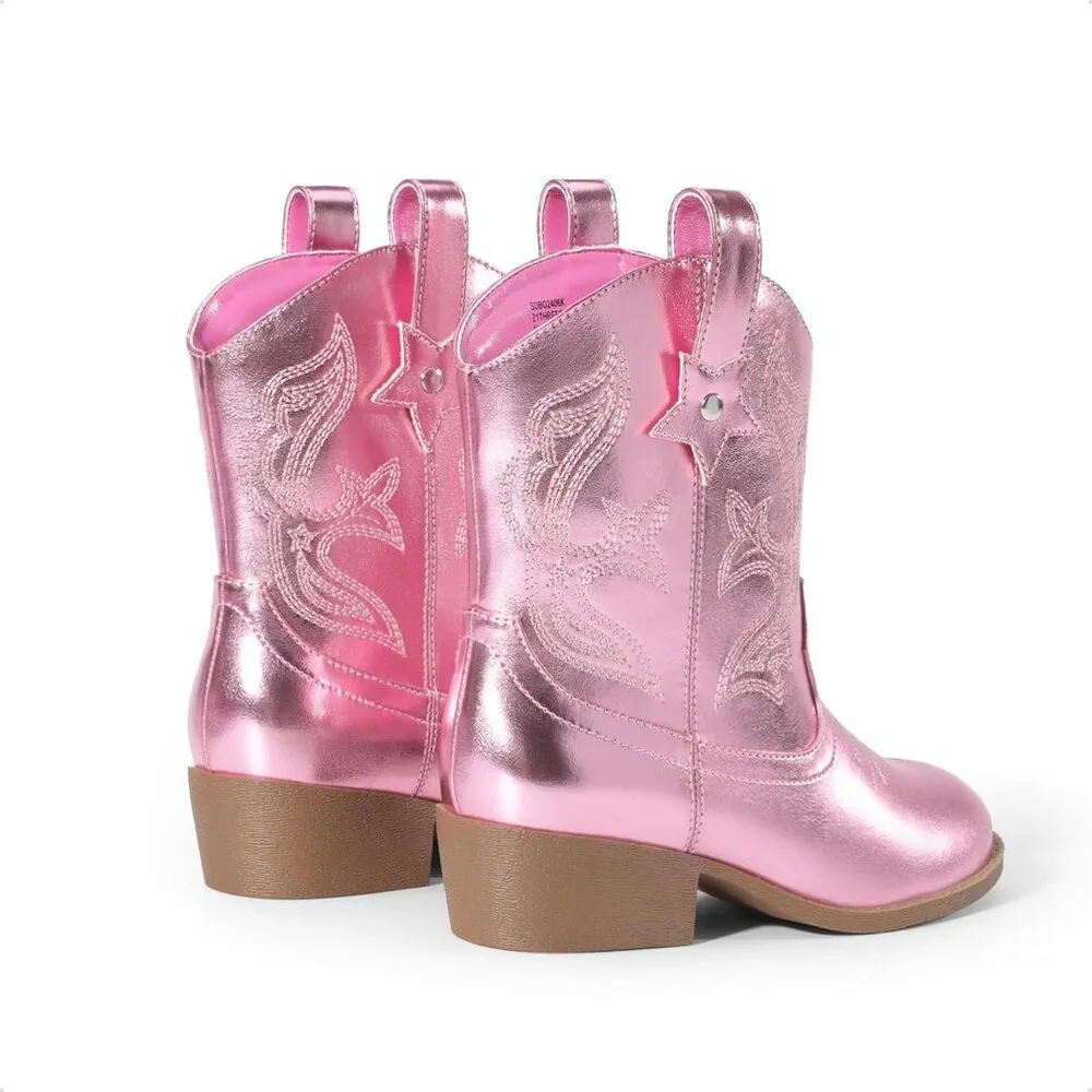 ⚡Girls Pink Cowgirl Boots With Low Heel Western Embroidered Fashion Mid Calf